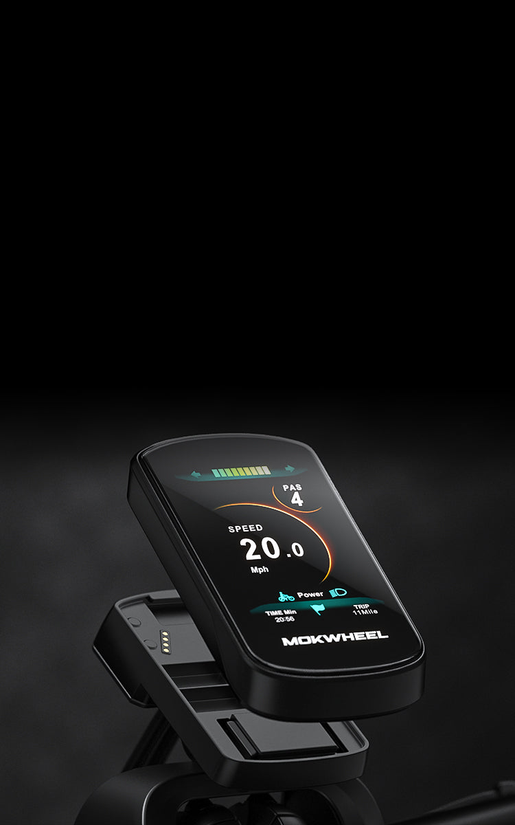 Removable backlit LCD display showing speed and battery level - Mokwheel Electric Bike