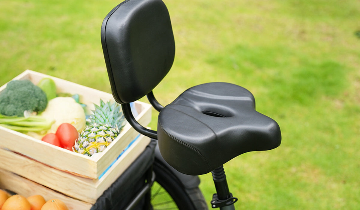 Mokwheel folding ebike with 80mm suspension fork and padded backrest saddle for a smooth, comfortable ride