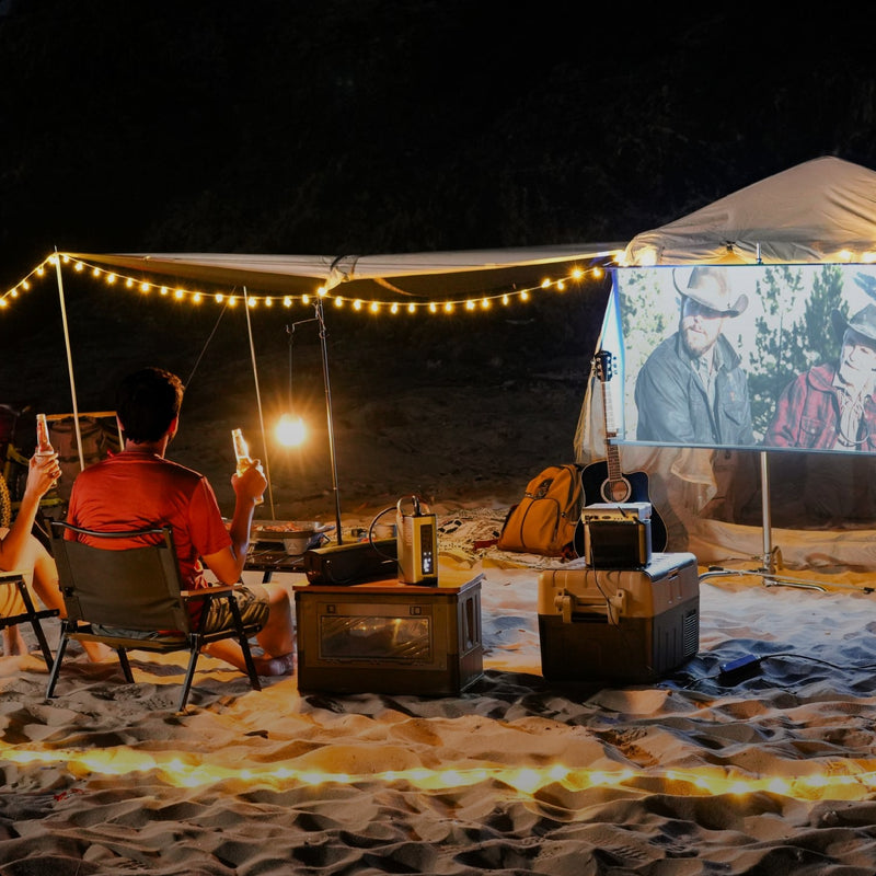 Solar inverter providing clean power for lighting and speakers during a romantic outdoor date.