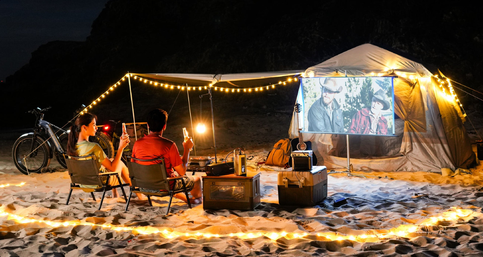 Solar inverter providing clean power for lighting and speakers during a romantic outdoor date.