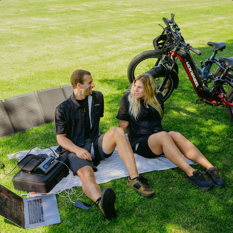 Portable solar inverter and panel kit providing clean energy support during a weekend ride and camping trip