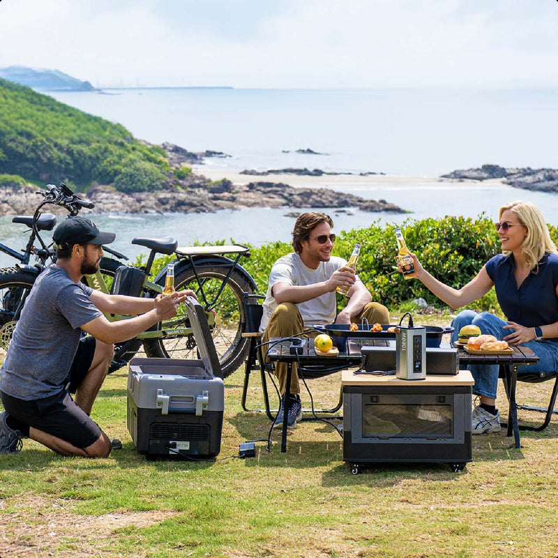 Solar inverter supporting off-grid energy needs for friends gathering at a picnic, campsite, or RV stop