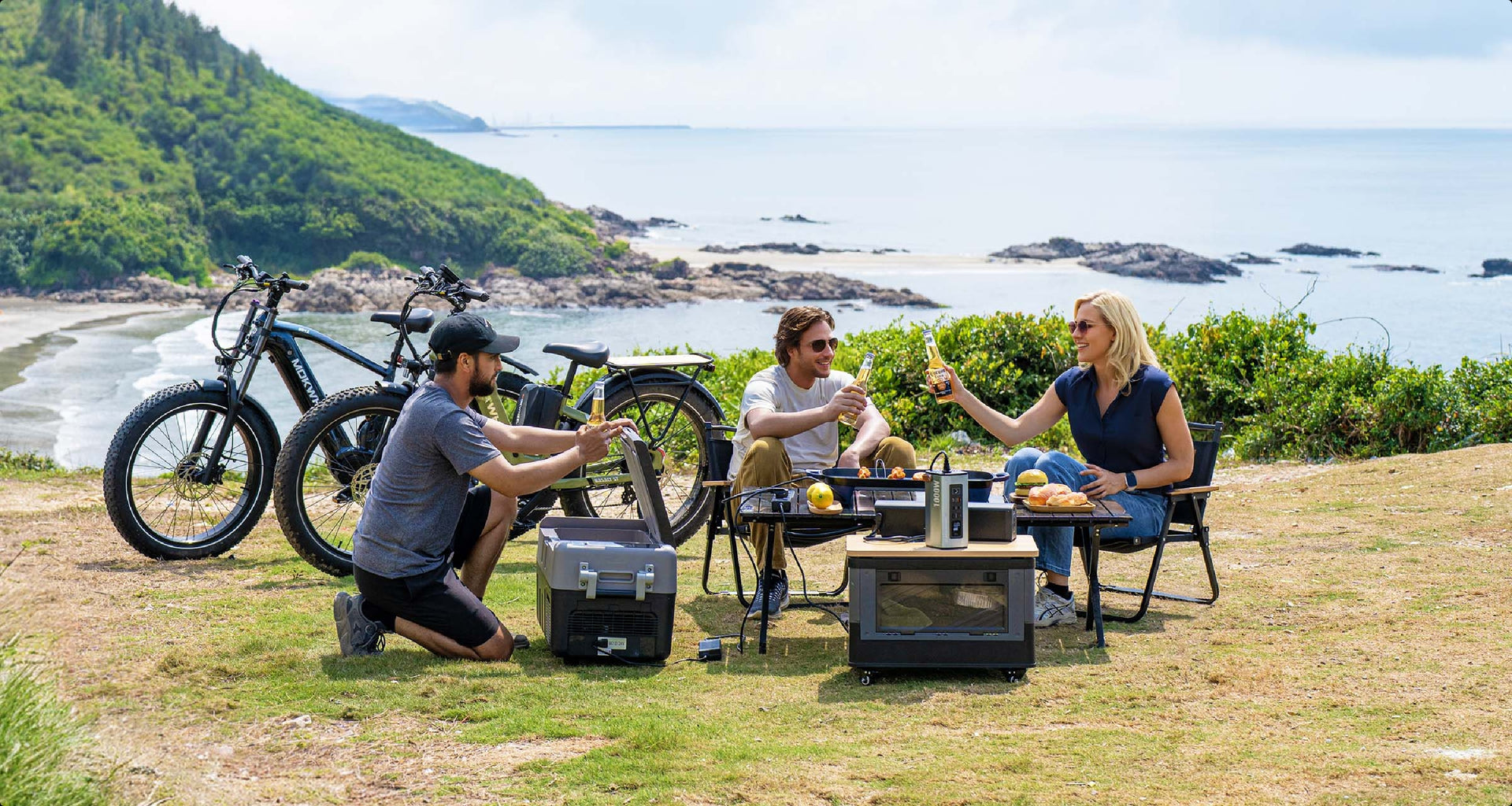 Solar inverter supporting off-grid energy needs for friends gathering at a picnic, campsite, or RV stop