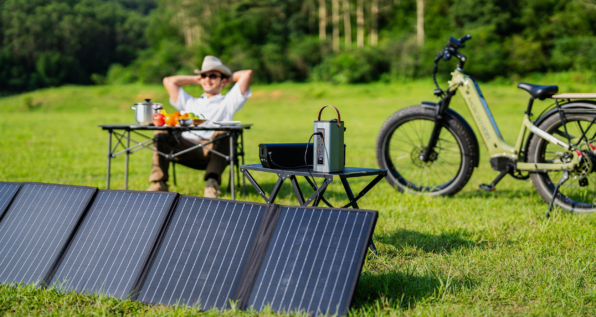 Solar panel kit with inverter supporting off-grid energy needs for camping in scenic highland meadows