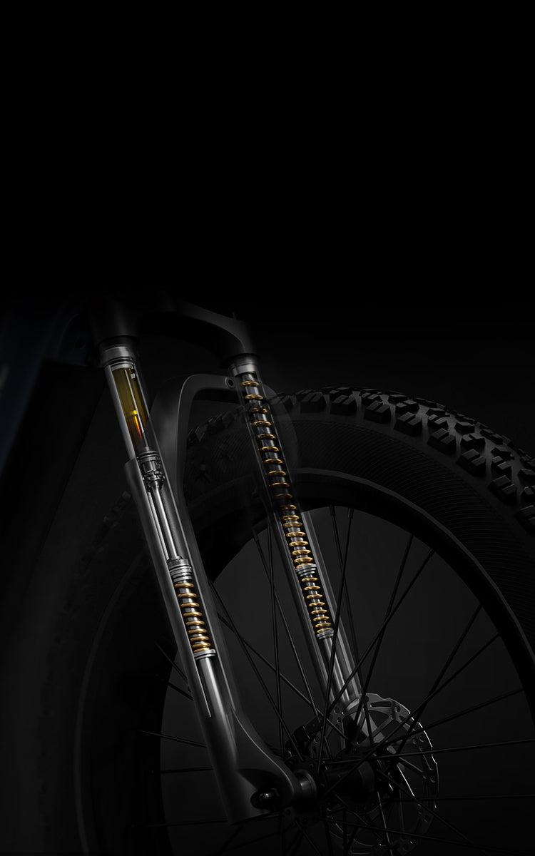 Mokwheel electric mountain bike 110mm travel suspension fork absorbs bumps on rocks, potholes and slopes for steady control