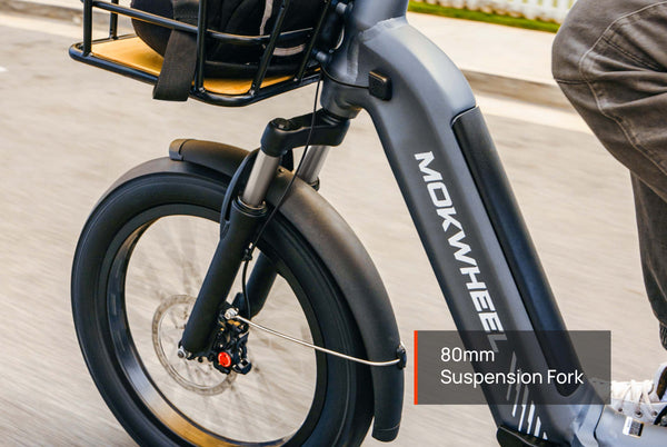 Folding three-wheel electric bike with 80mm suspension fork for enhanced shock absorption and comfort