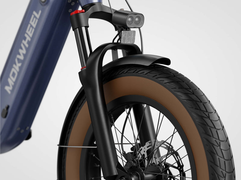 Mokwheel folding ebike with 80mm suspension fork for shock absorption and stable control on rough terrain