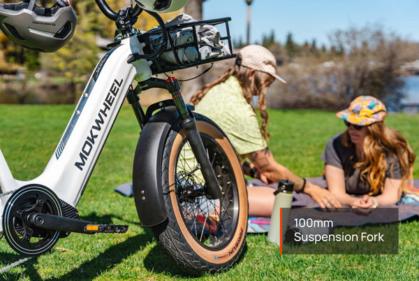 20-inch ebike with 100mm suspension fork for superior shock absorption and smoother rides
