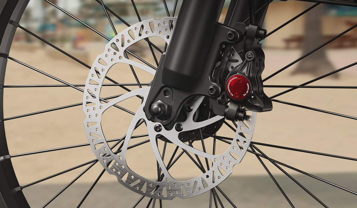 Mokwheel folding three-wheel ebike with dual hydraulic disc brakes and parking brake for maximum safety