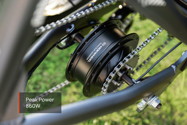 Folding three-wheel electric bike with 860W peak power motor for powerful and versatile riding
