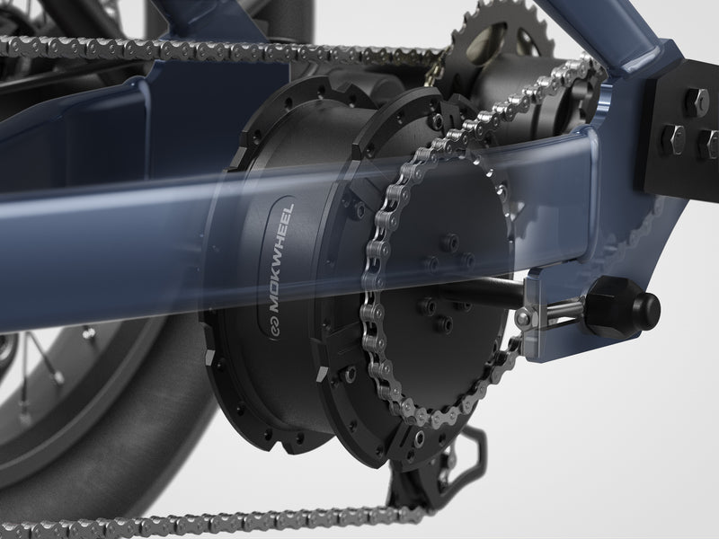 Mokwheel folding ebike with 860W peak motor power for strong thrust, hill climbs, and cargo handling