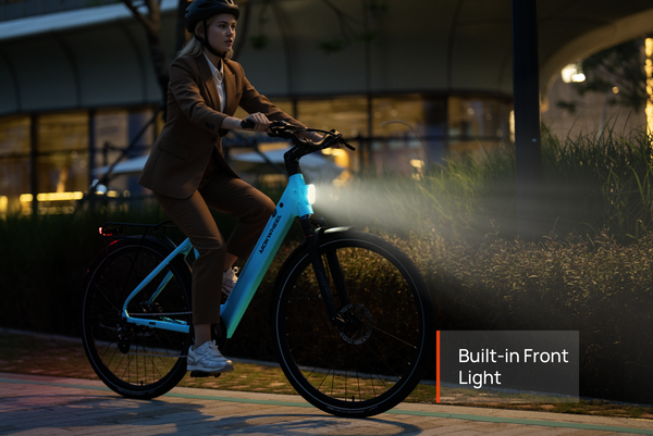 Flint ST lightweight step-through chain-drive bike with built-in front light for city rides