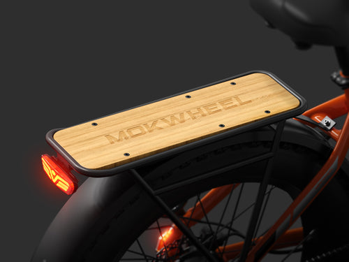 Solid wood rear rack deck on Mokwheel e-bike - durable and stylish cargo platform