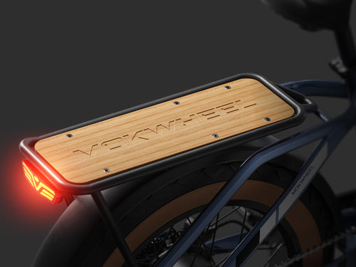 Mokwheel 20-inch ebike with rear rack featuring natural solid wood deck for classic, elegant style