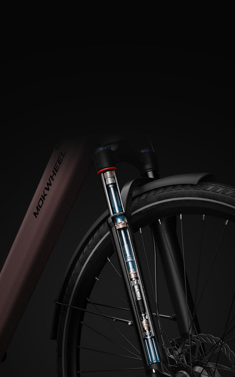 Flint ST lightweight step-through e-bike with 65mm air fork for smooth city rides over bumps