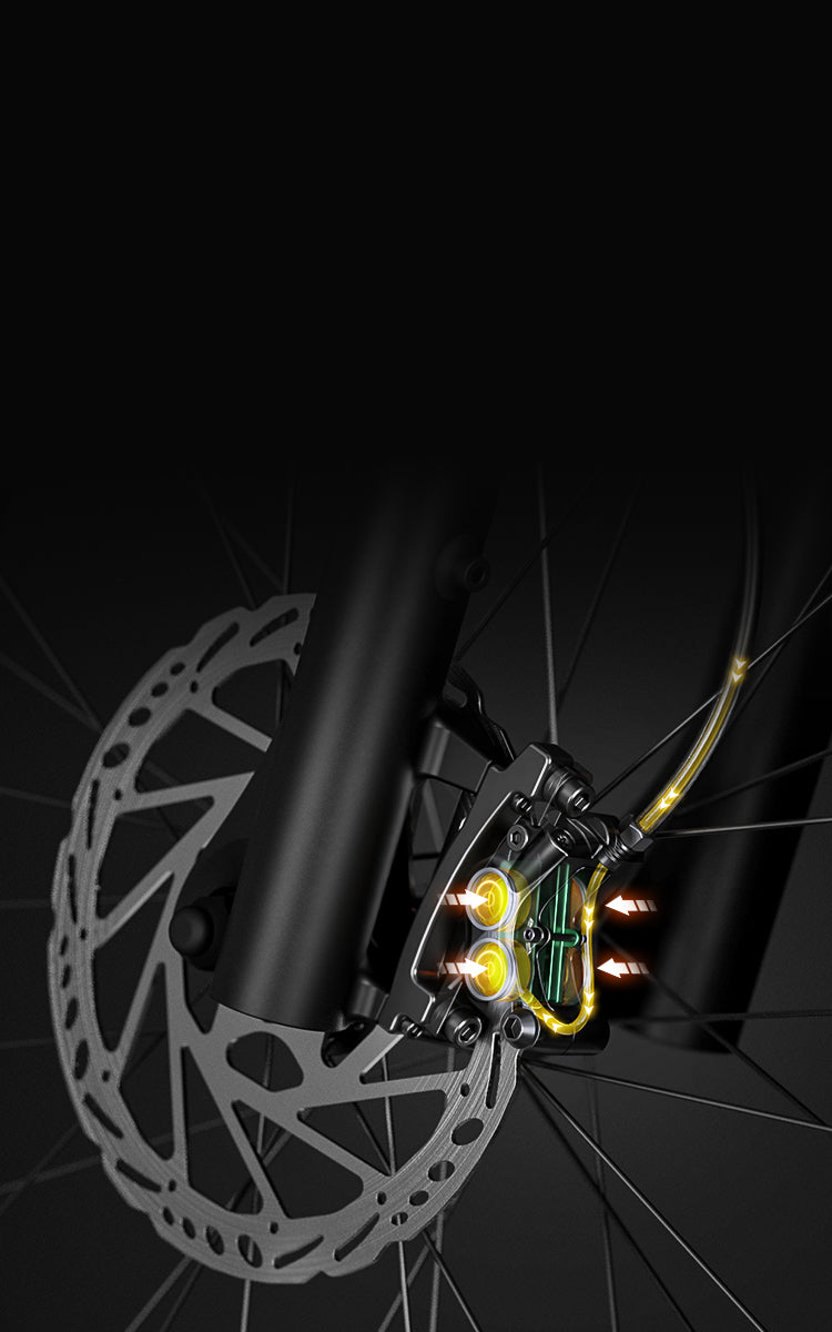 Quad-piston hydraulic braking system delivers strong, reliable stopping power with light lever touch for enhanced rider safety