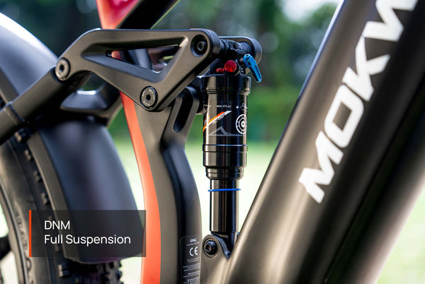 Mokwheel electric mountain bike featuring DNM full suspension for superior shock absorption and ride comfort
