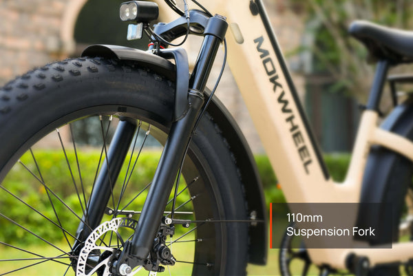 Mokwheel adult electric bike with 110mm suspension fork for smooth and stable off-road riding
