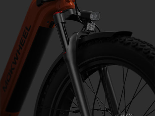 110mm Travel Front Suspension Fork on Mokwheel E-Bike - Smooths Out Bumps for Comfortable Rides