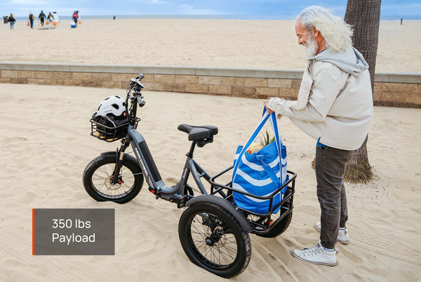 Folding three-wheel electric bike with 350 lbs payload capacity for heavy-duty hauling and versatile use