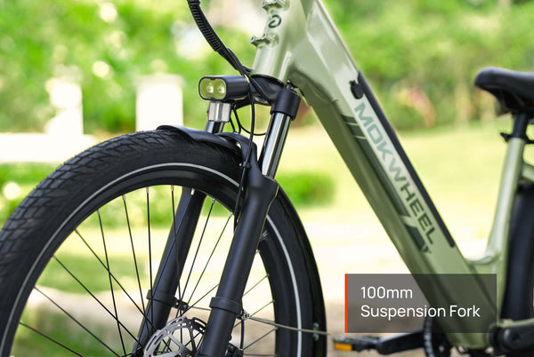 Mokwheel city electric bike equipped with 100mm suspension fork | Reduces road bumps | More comfortable commuting