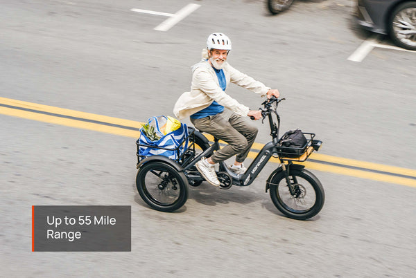 Folding three-wheel electric bike with up to 55-mile range for long-distance travel and daily commuting
