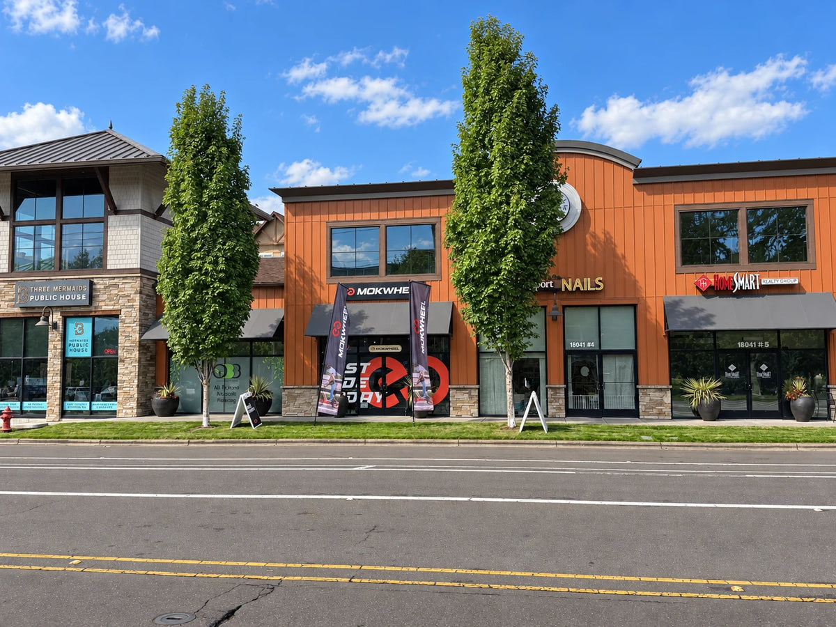 Mokwheel Factory Store viewed from the street in Tualatin.