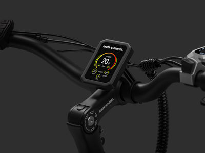 Mokwheel ebike with vibrant LED color display showing speed, battery life, and ride info